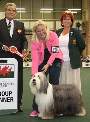 Ms J L Waldron UK Fr Ch Victory Wind's Ghost Whisperer For Snowme with group judge Mr P Jolley & Miss A Rees (Committee)