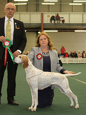 Miss H Blackburn-Bennett Sh Ch Kanix Chilli with group judge Dr G Bodegard