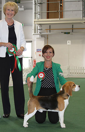 Miss M Spavin Dialynne Peter Pipe with puppy group judge Mrs A Macdonald 