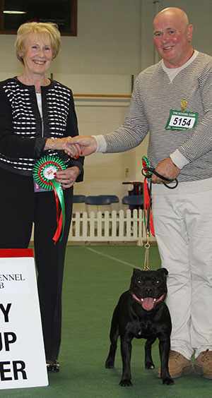 Mr & Mrs R & J Darby Manark Guns N Roses with puppy group judge Mrs A Macdonald