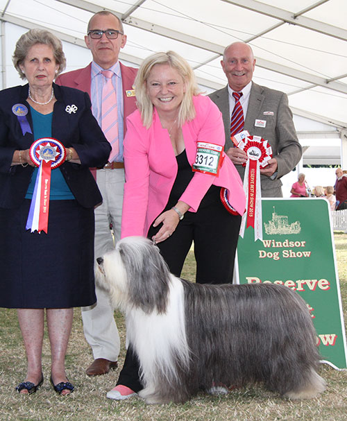 Ms J L Walfron UK Fr Ch Victory Wind's Ghost Whisperer For Snowme with BIS judge Mrs G L Lilley, Mr J Daltrey (Committee) & Mr P Galvin (Royal C)