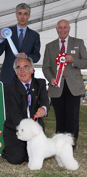 Mr D V & Mrs S A Walklate Ashoka Tailor Made with puppy group judge Mr P R Eardley & Mr P Galvin (Royal Canin)
