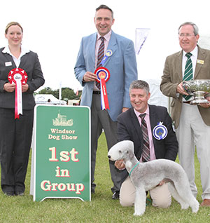 Mr P Kiernan Ch Sharnor High I'm Viktor at Kierlander with group judge Mr A Westwood, Mr S Dean (President) & S Holt (Royal Canin)