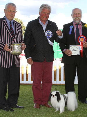 Mr A Allcock MBE Sleepyhollow Robson JW Sh.CM with group judge Mr N Marsh & Mr S Luxmore (Kennel Club Chairman) 