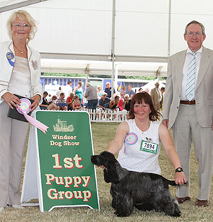 Miss S J Whiting Annilann Miss Zing with puppy group judge Mrs L Salt