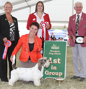 Mrs S Robertson & Mrs W Doherty Ch Soletrader Magic Mike with group judge Miss J Dove, Mr J Reymond (Treasurer) & S Sage (Royal Canin)