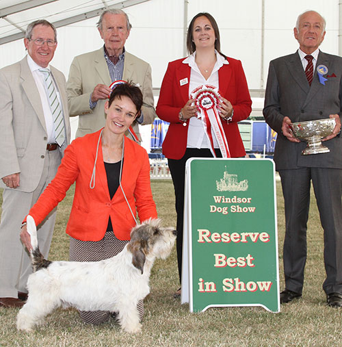 Mrs S Robertson & Mrs W Doherty Ch Soletrader Magic Mike with BIS judge Mr R Newhouse, Professor S P Dean (President) & The Earl of Buchan (Patron) 